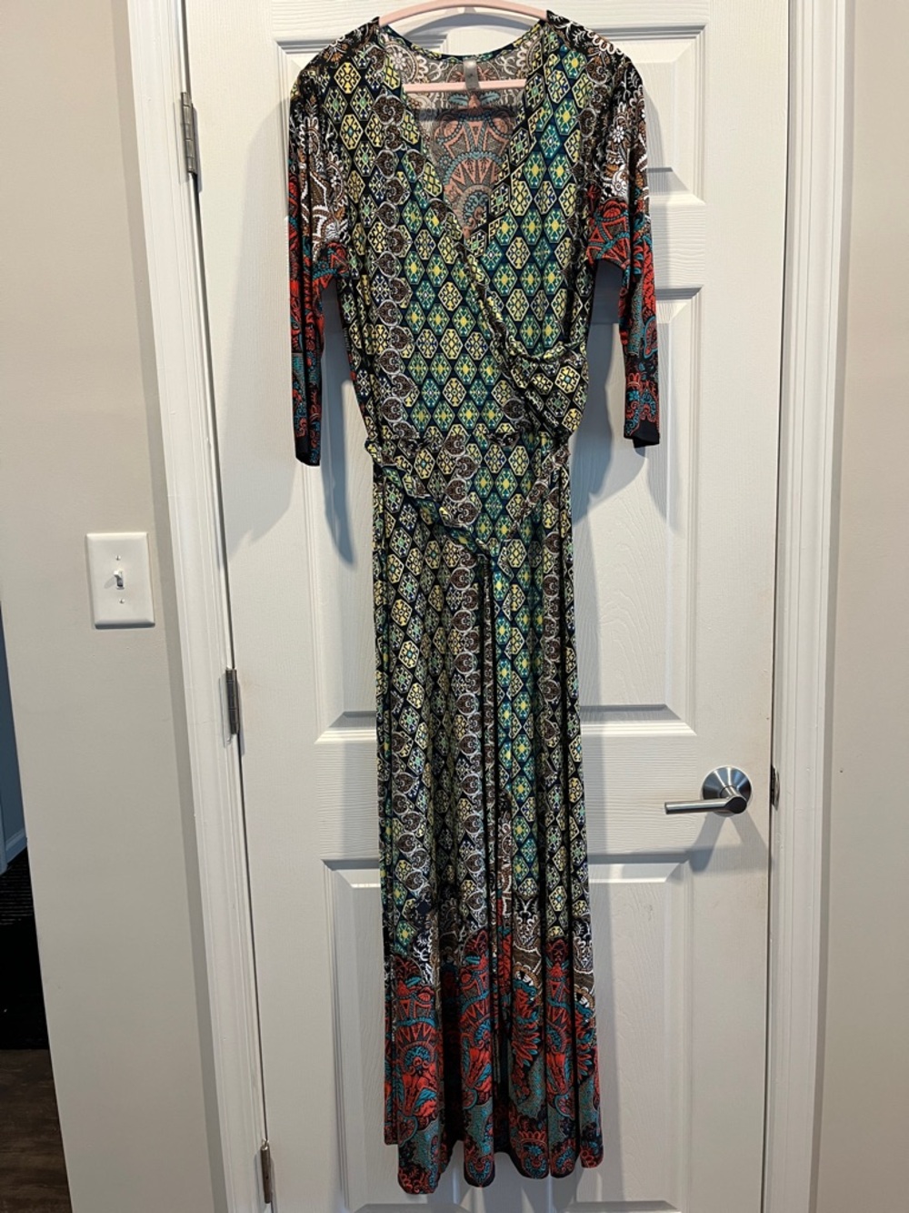 Tua Green and Red Mixed-Print Faux Wrap‎ Maxi Dress Size 1X Flowy Boho